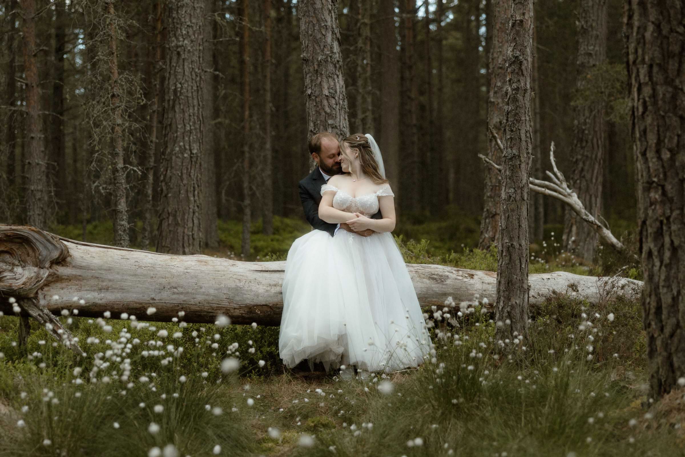 A married couple sit on a fallen tree in a Scottish forest and enjoy a moment together on their elopement day